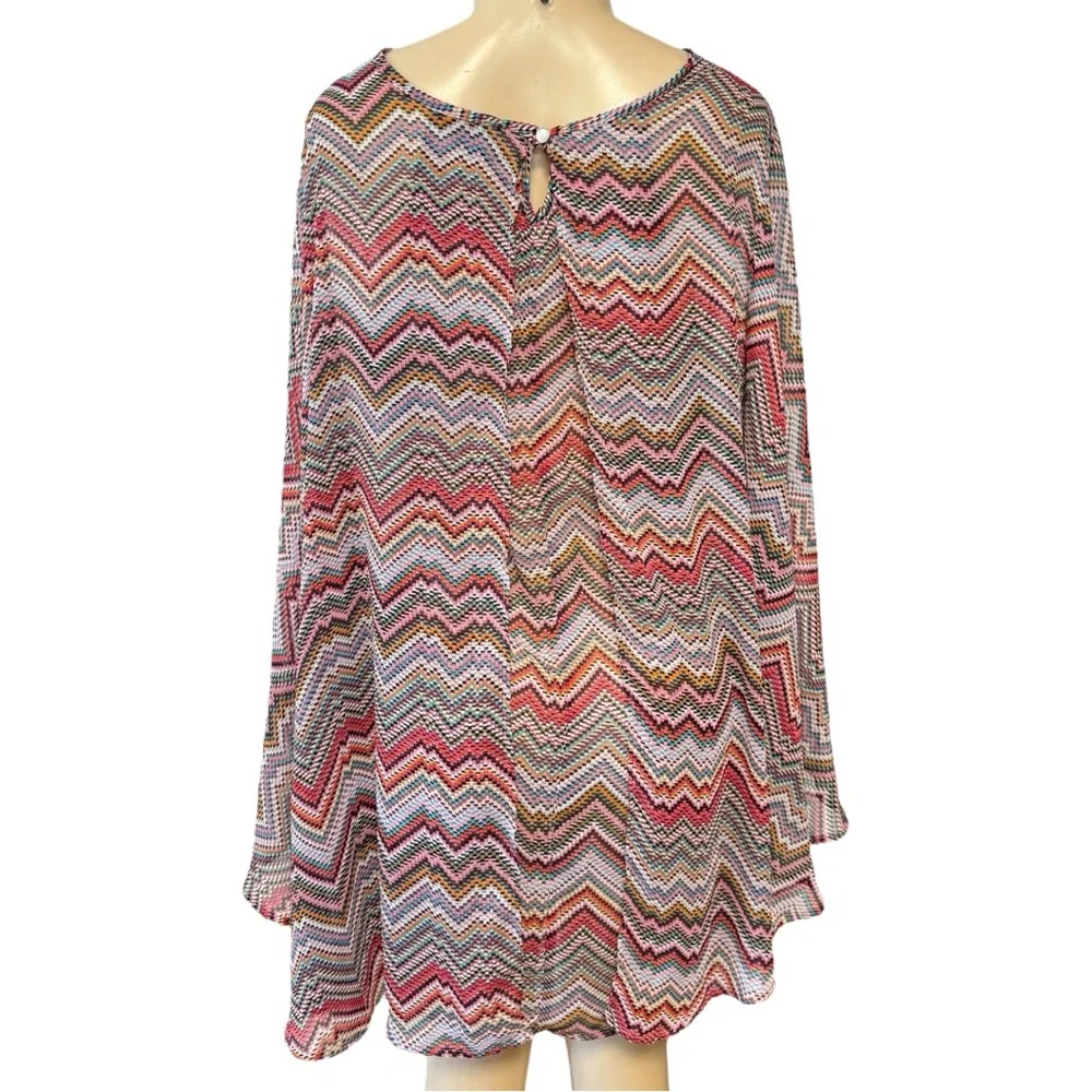 Stella Cruz Pink Multicolored Sheer Chevron Blouse‎ Kimono Flare Sleeve Cover-Up